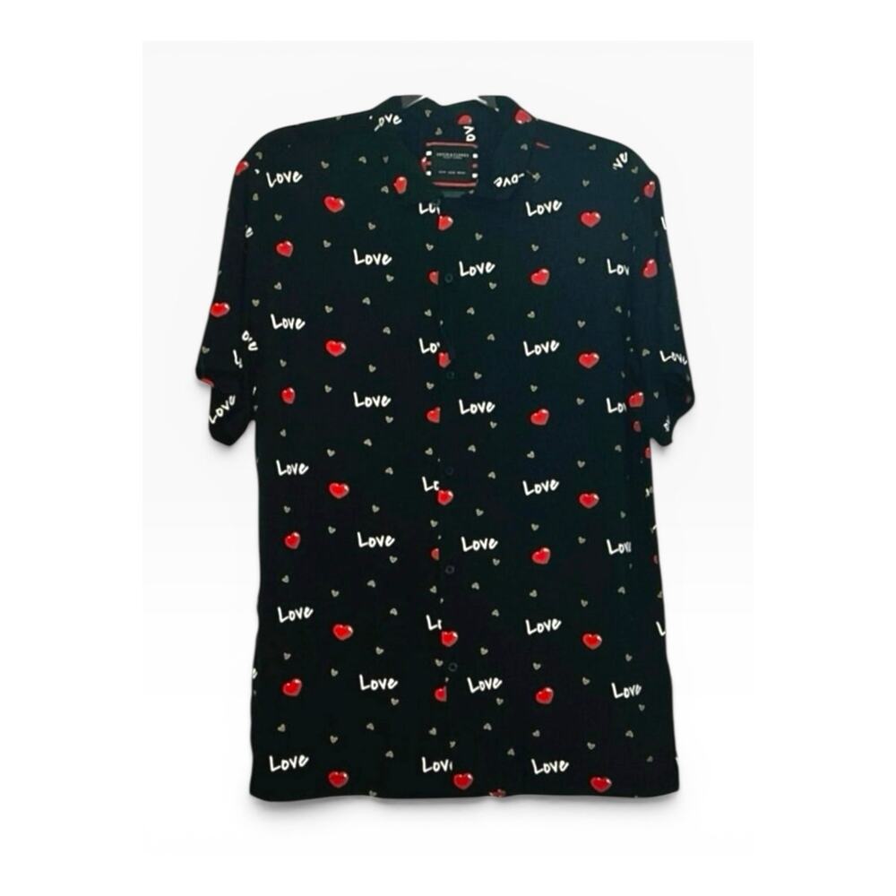 Denim & Flower Ricky Singh Love Hearts Button Down Shirt Black Medium
